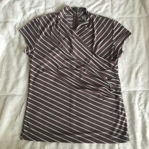 Tan and white striped faux wrap blouse